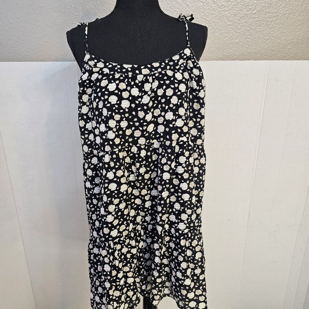 Womens Loft Mini Baby Doll Dress Tie Straps Black Cream Sz LP Casual Beach Q0313